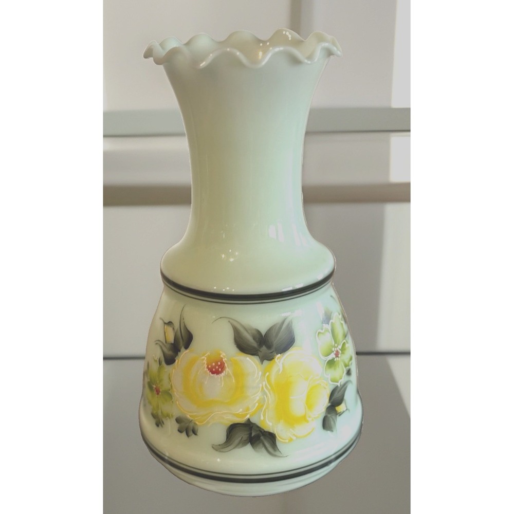 Vintage Mist Green Custard Glass Vase Hand Painted Floral Fenton Ruffle Edge